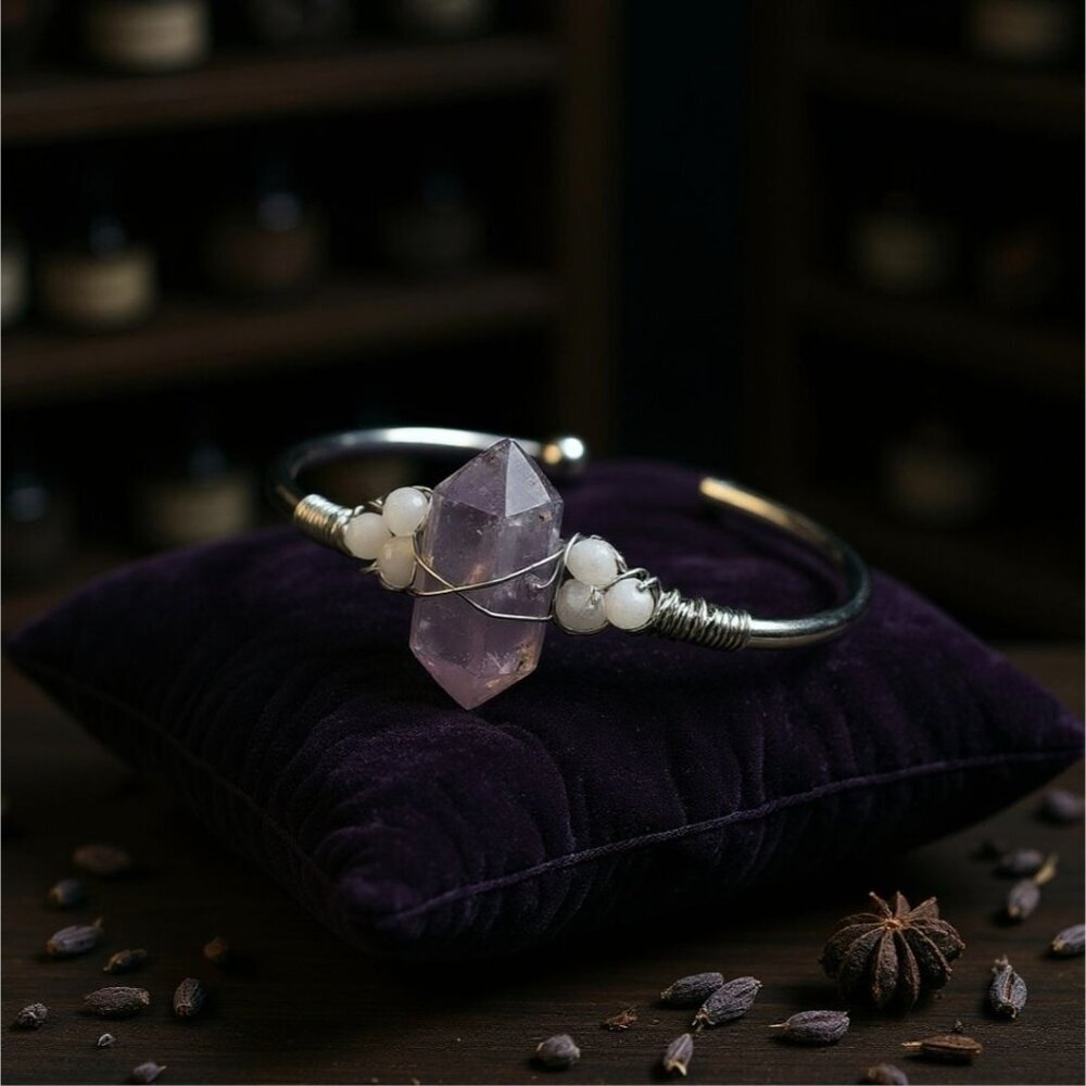 Amethyst & Moonstone ✦ Wire Wrap Cuff ✦ 925 Silver Over Copper w/ Raw Crystal
